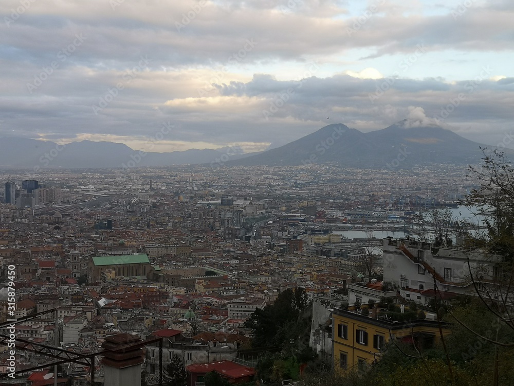 Overview of the city of Naples with the Vezuv vulcano at the background
