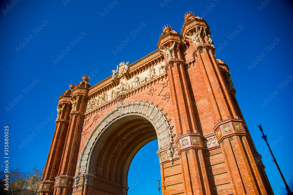 BARCELONA, SPAIN - January 30, 2019: Arc de Triunfo is located in Barcelona, Spain. Barcelona is known as a big tourist destination. .