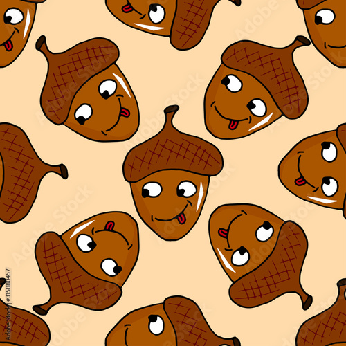 Seamless pattern with colorful acorns cartoon character with a sly look on a white background doodle style.
