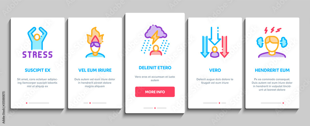 Stress And Depression Onboarding Mobile App Page Screen Vector. Anti Stress Pills And Alcoholic Drink Bottle, Angry Human And With Burning Head Concept Linear Pictograms. Color Contour Illustrations