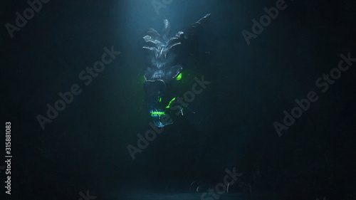 Digital illustration of huge medieval dragon with glowing green eyes and flames in a dark cave. Mythical creature. Concept art of the dragon head in the Gothic style. Game location of the final boss.