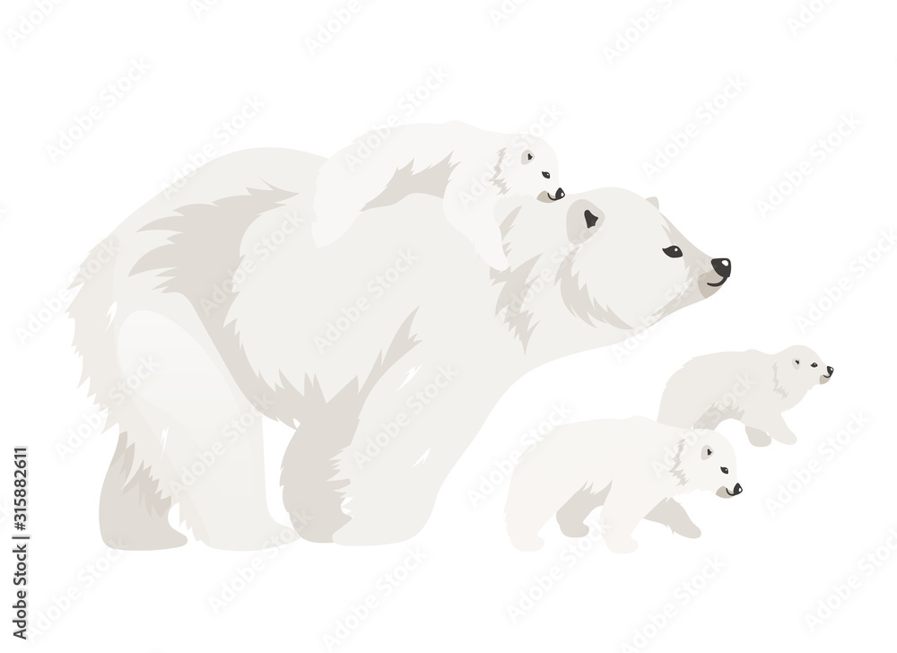 Fototapeta premium Polar bear family flat color vector illustration. Northern wild adult creature walking cubs. Marine mammal mother with baby. Arctic animal isolated cartoon characters on white background