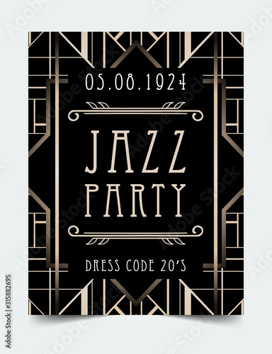Art Deco vintage invitation template design with illustration of flapper girl. patterns and frames. Retro party background set 1920s style. Vector for glamour event, thematic wedding or jazz party.