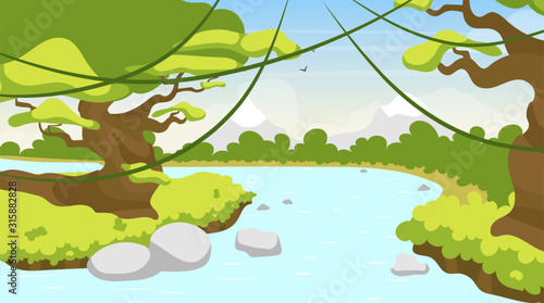 Jungle river flat vector illustration. Mediterranean lake. Tropical water body. Panoramic scene with trees and lianas. Riverside, riverbrook. Exotic amazon stream. Watercourse cartoon background