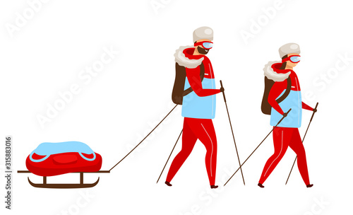 Trekking team flat color vector illustration. Backpackers with sleigh nordic walking. Explorers hiking. Arctic expedition group. Woman and man isolated cartoon character on white background