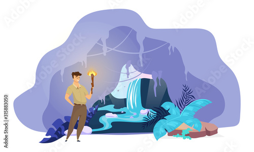 Explorer flat vector illustration. Man discover hidden waterfall. Male search inside mountain tunnel. Boy stand with torch in cave. Fantastical nature scene. Tourist cartoon character