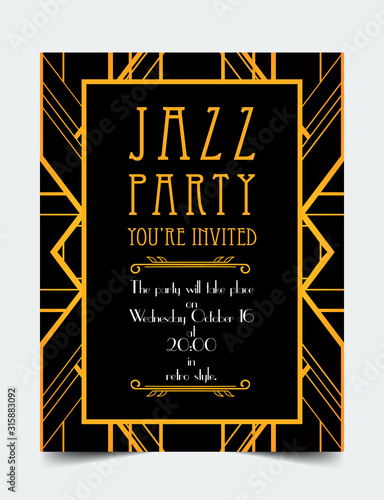 Art Deco vintage invitation template design with illustration of flapper girl. patterns and frames. Retro party background set 1920s style. Vector for glamour event, thematic wedding or jazz party.