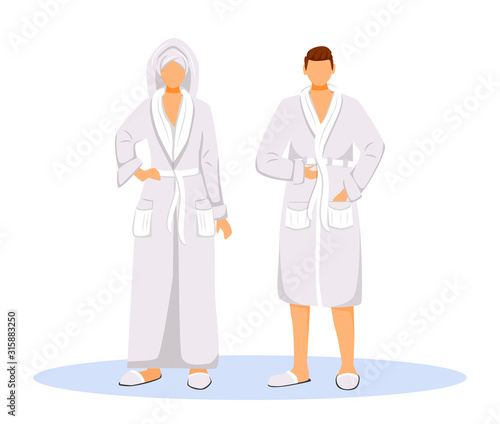 Hotel guests wearing bathrobes flat color vector illustration. Woman with towel on head and man. Couple in robes. People after shower isolated cartoon characters on white background