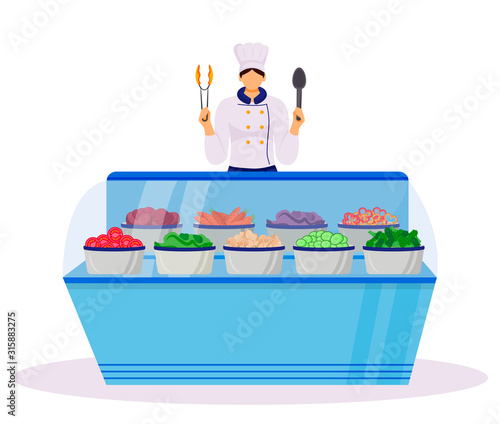 Hotel smorgasbord flat color vector illustration. Served buffet style table. Food court with fresh vegetables. Catering service. Restaurant worker. Chef isolated cartoon character on white background