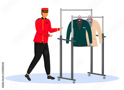 Porter in red uniform flat color vector illustration. Bellman carrying cart with clothes. Hotel staff with equipment, service worker. Bellhop isolated cartoon character on white background