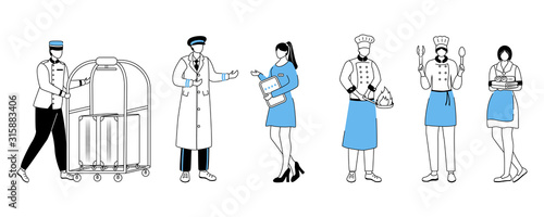 Hotel workers flat vector illustration. Porter with luggage cart, resort manager. Doormen, chefs with cooking utensils. Maid, room attendant. Service stuff cartoon character with outline on white