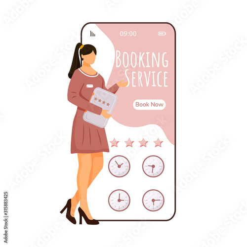 Booking service cartoon smartphone vector app screen. Mobile phone display with flat manager character design mockup. Room reservation. Hotel rating application telephone interface