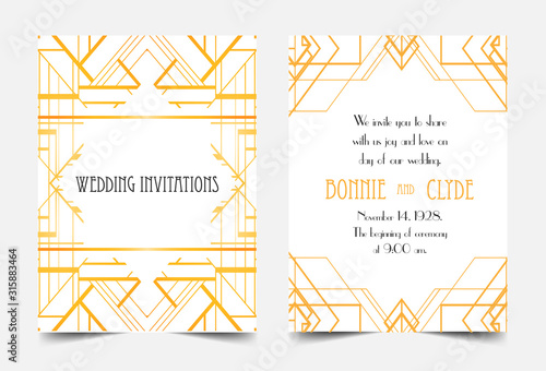 Art Deco vintage invitation template design with illustration of flapper girl. patterns and frames. Retro party background set 1920s style. Vector for glamour event, thematic wedding or jazz party.