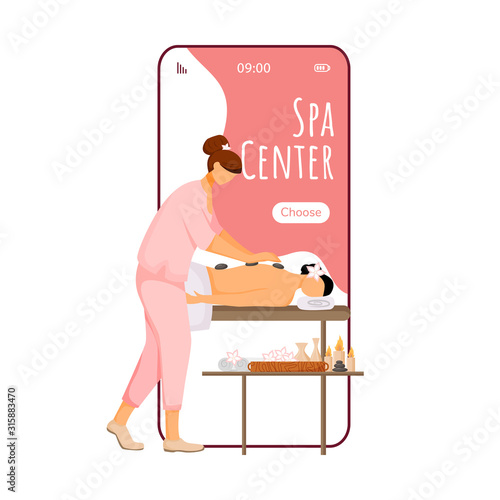 Spa center cartoon smartphone vector app screen. Mobile phone display with masseuse flat character design mockup. Pampering, skin treatment service. Beauty salon application telephone interface