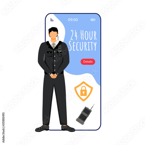 Security cartoon smartphone vector app screen. Mobile phone display with bouncer guard flat character design mockup. Protection, security company. Private safety application telephone interface