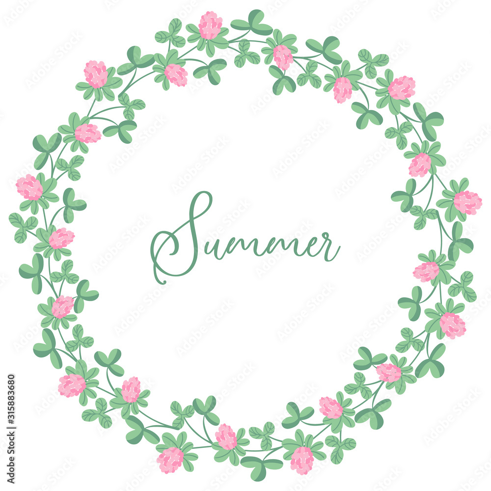 A beautiful summer wreath with clover flowers and leaves. Hand drawn vector illustration isolated on white background. Border design, round form.