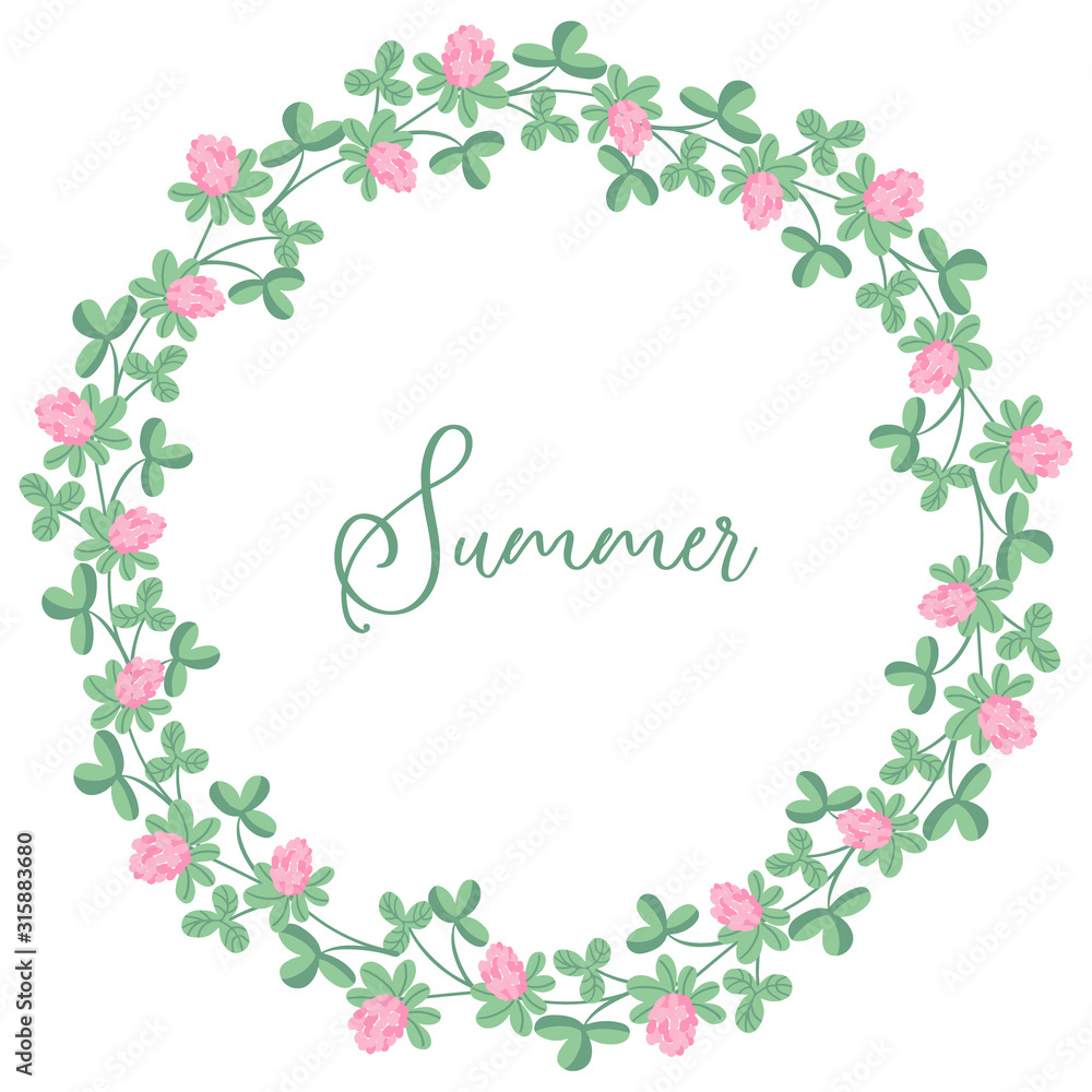 A beautiful summer wreath with clover flowers and leaves. Hand drawn vector illustration isolated on white background. Border design, round form. A beautiful summer wreath with clover flowers and leaves. Hand drawn vector illustration isolated on white background. Border design, round form.