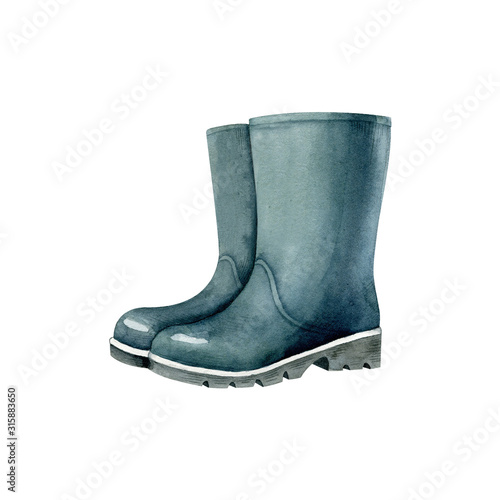 Rubber boots isolated on white background. Front view. Watercolor illustration. Hand drawn clipart.