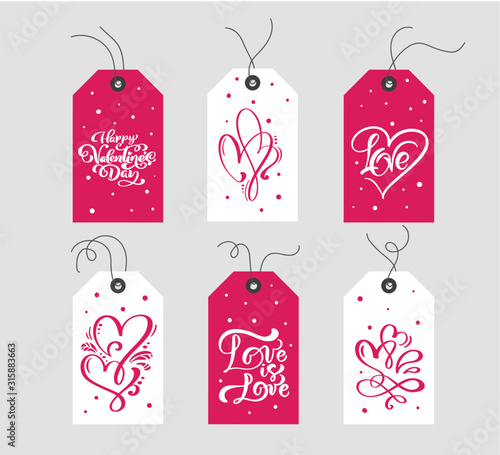 Set of Valentines Day gift tags typographic vector design with illustrations and wishes. Holiday valentine card badges and labels with love theme