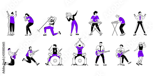 Rock musicians flat contour vector illustrations set. Music band members. Guitarists, drummers, lead vocalists. People playing at concert. Isolated cartoon outline character. Simple drawing