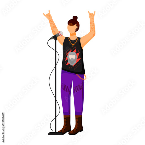 Rock band singer flat color vector illustration. Lead vocalist. Frontman. Musician. Music group member. Person with microphone. Concert, festival. Isolated cartoon character on white background