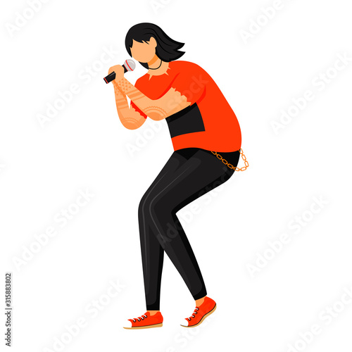 Singer flat color vector illustration. Lead vocalist. Musician. Music band member. Rock and roll. Person with microphone. Concert, gig. Isolated cartoon character on white background