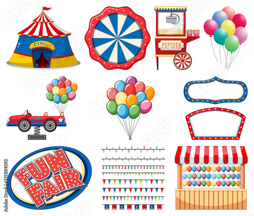 Set of circus items on white background