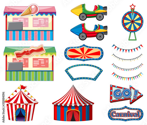 Set of circus rides and game booth on white background