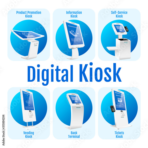 Digital kiosk vector infographic template. Different self service software poster, booklet page concept design with flat illustrations. Innovative technology advertising flyer, info banner idea