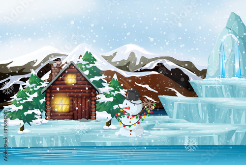 Christmas scene with snowman and cottage