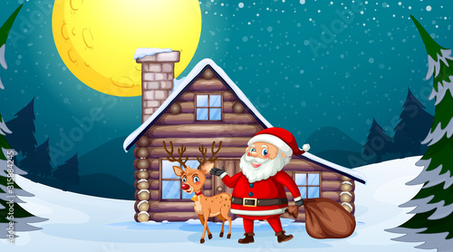 Santa and reindeer in front of wooden house