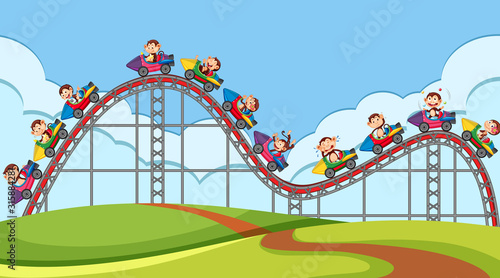 Happy monkeys riding on roller coaster in the fair