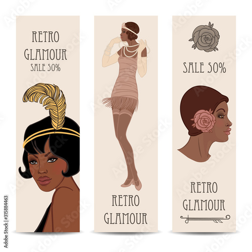Retro fashion. glamour girl of twenties. African American woman. Vector illustration. Vintage party invitation design template. 