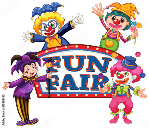 Fun fair sign template with four happy clowns