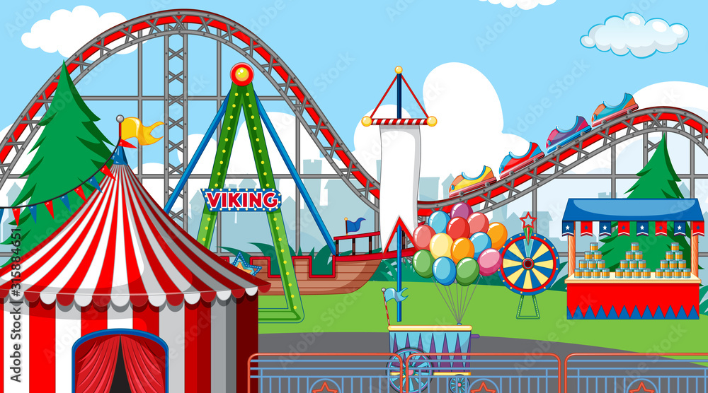 Scene with many rides in the fun fair Scene with many rides in the fun fair