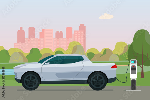 Fototapeta Naklejka Na Ścianę i Meble -  Electric pickup car in a city. Electric car is charging, side view. Vector flat style illustration.