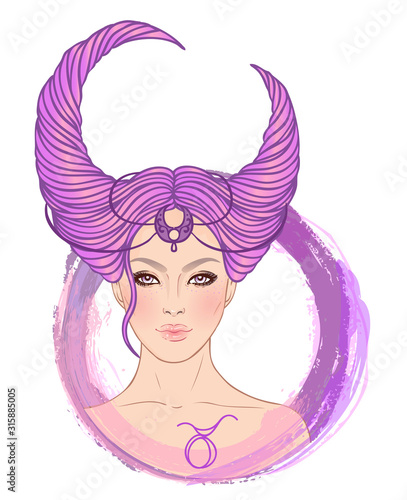 Illustration of Taurus astrological sign as a beautiful girl. Zodiac vector illustration isolated on white. Future telling, horoscope, alchemy, spirituality, occultism, fashion woman.