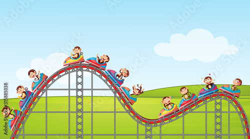 Scene with happy monkeys riding roller coaster in the park