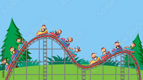 Scene with monkeys riding on roller coaster in the park