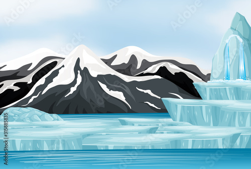 Scene with snow on the mountains