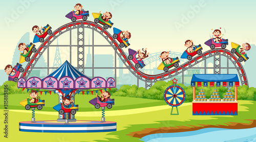 Scene with happy monkeys riding on roller coaster in the park