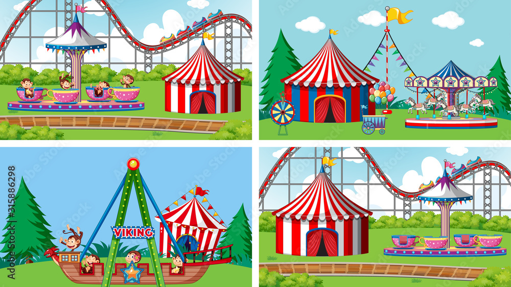 Four scenes with many rides in the fun fair Four scenes with many rides in the fun fair
