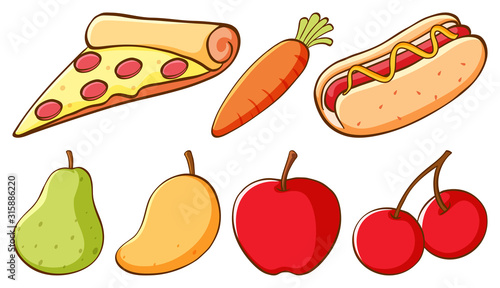Set of fast food and different types of fruits on white background
