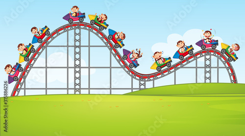 Scene with happy monkeys riding roller coaster in the park