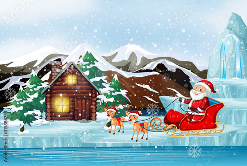 Scene with Santa and reindeer on sleigh