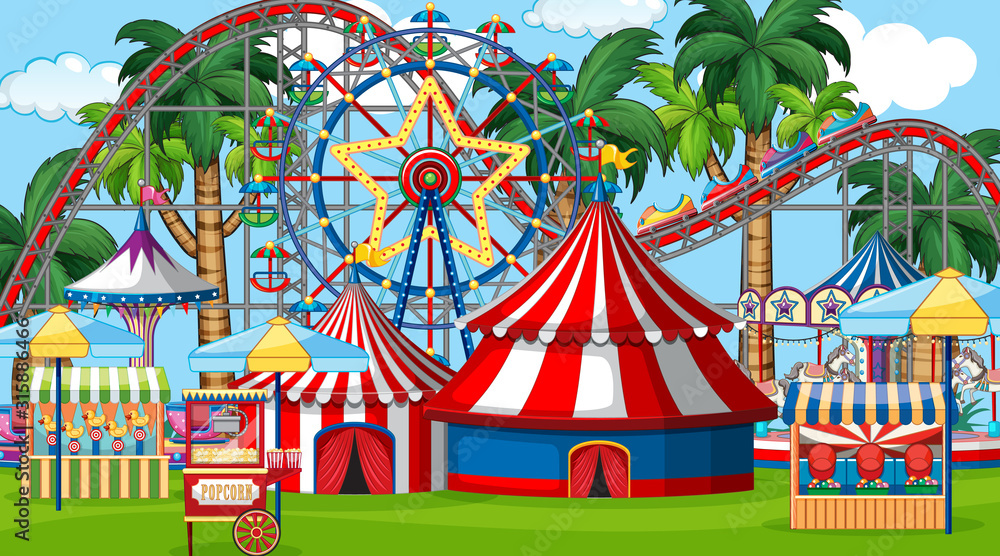 Scene with roller coaster and many rides in the fair Scene with roller coaster and many rides in the fair