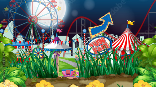 Scene with many rides in the fair at night time