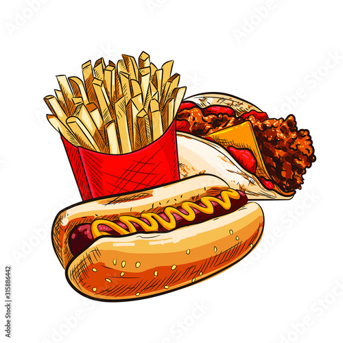 Fast food COMBO sketch for fastfood restaurant or bistro. Vector cheeseburger burger or hotdog sandwich snack, french fries or pizza and coffee or soda drink, taco and black burger