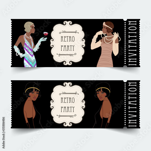 Retro fashion. glamour girl of twenties. African American woman. Vector illustration. Vintage party invitation design template. Fancy black lady.