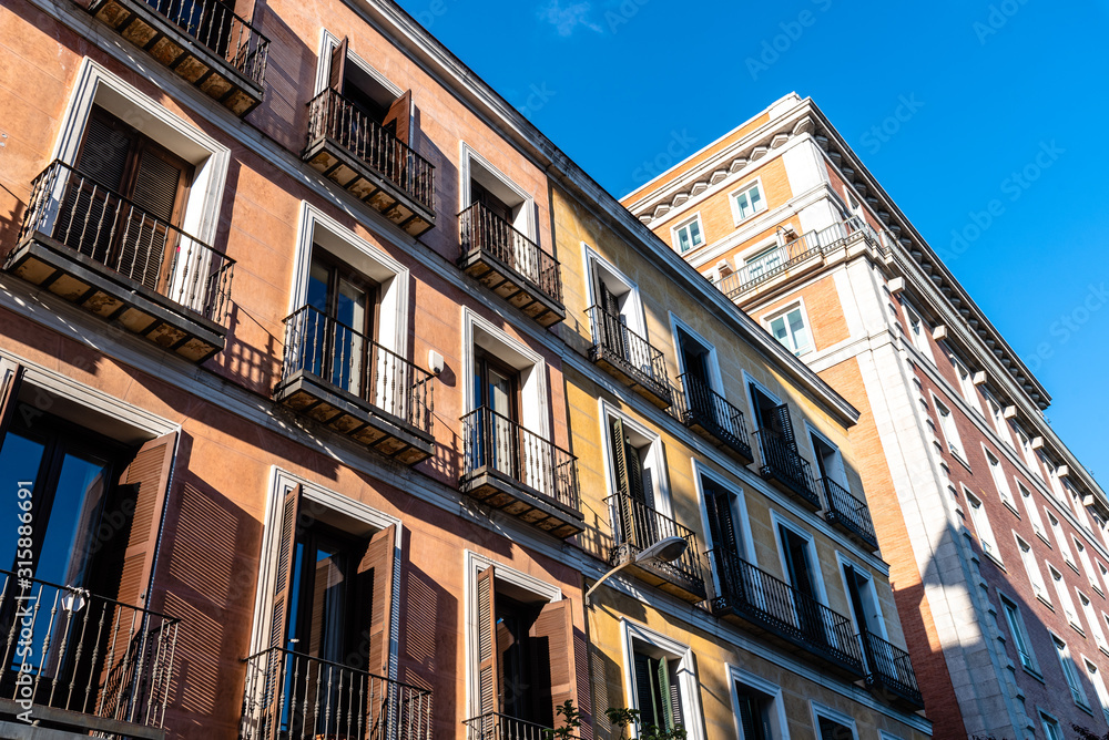 Old apartment buildings balconies in the Centro district of Madrid